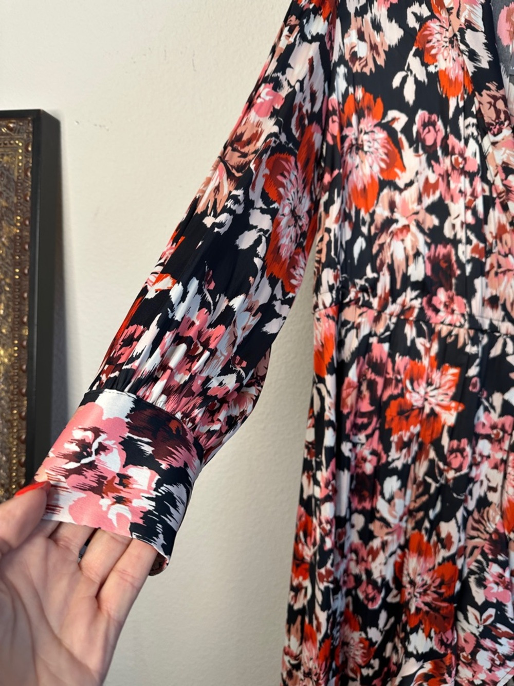 Lane Bryant Black Floral Wrap Dress with Coral & Blush Blooms - Picture 3 of 8